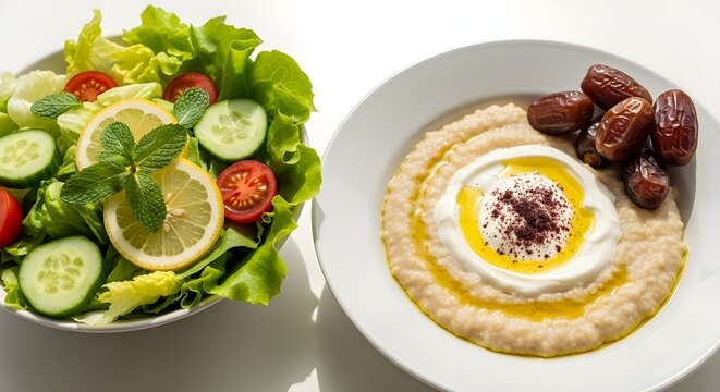 Healthy Arabic Lunch Set &ndash; Jareesh with Dates, and Fresh Salad