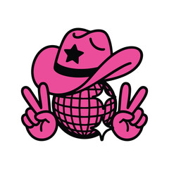 Retro Party Theme with Western Hat and Peace Hands, Pink and Purple Disco Cowgirl Vector, illustration, vector.