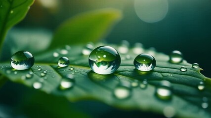 Sparkling dew drops on leaf surface, representing freshness, environment, and nature macro concept. Clean water and pristine ecology. - Powered by Adobe