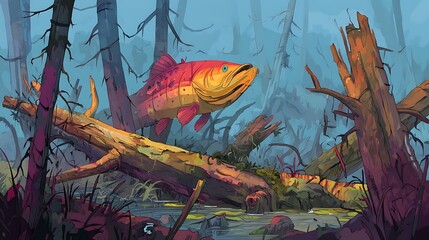 Illustration of a landscape painting of freshwater fish against a rocky water background with plants and driftwood.