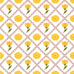 Seamless Retro Floral Pattern with Yellow Flowers and Pink Lattice Frame