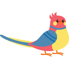 Cute cartoon cockatiel bird with pink body blue wings yellow chest and orange feet on transparent background isolated vector illustration