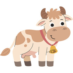 Cute Cartoon Cow with Bell and Red Collar Standing on Transparent Background Dairy Farm Animal Illustration