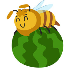 Happy Cartoon Bee Resting on a Watermelon with Transparent Background