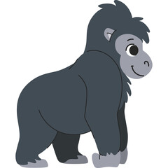Cute cartoon gorilla standing with gray fur and smiling face on transparent background vector art