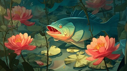 Illustration of a landscape painting of freshwater fish against a rocky water background with plants and driftwood.