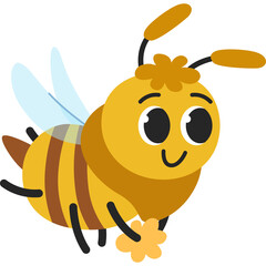 Obraz premium Cute cartoon bee with yellow and brown stripes and light blue wings holding a small yellow flower on a transparent background