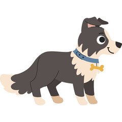 Cute Cartoon Border Collie Dog Wearing a Blue Collar with a Bone Charm and Smiling On A Transparent Background