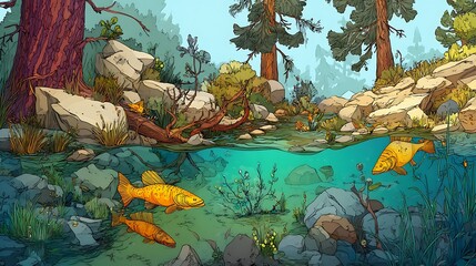 Illustration of a landscape painting of freshwater fish against a rocky water background with plants and driftwood.