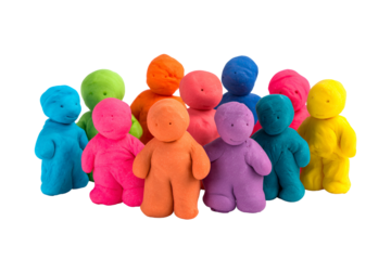 A colorful group of small fuzzy plush toy characters standing together against a black background
