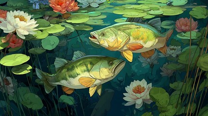 Illustration of a landscape painting of freshwater fish against a rocky water background with plants and driftwood.