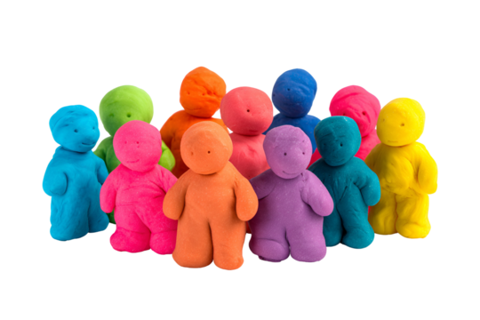 A colorful group of small fuzzy plush toy characters standing together against a black background - Powered by Adobe