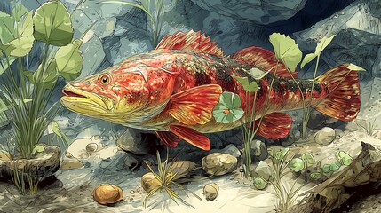 Illustration of a landscape painting of freshwater fish against a rocky water background with plants and driftwood.