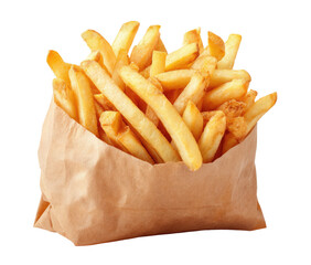 Golden brown potato fries spilling from a simple brown paper bag