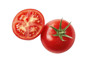 Fresh, ripe red tomato, one halved, on black