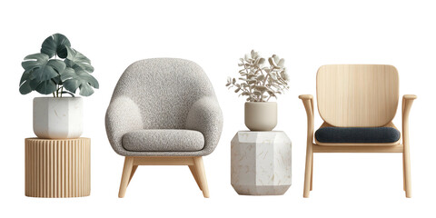 Two modern chairs and two decorative potted plants