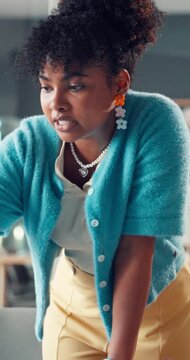 Discussion, meeting and planning with business woman in office for project review, seo branding and advice. Trend analysis, proposal feedback and marketing campaign with employees in agency for chat