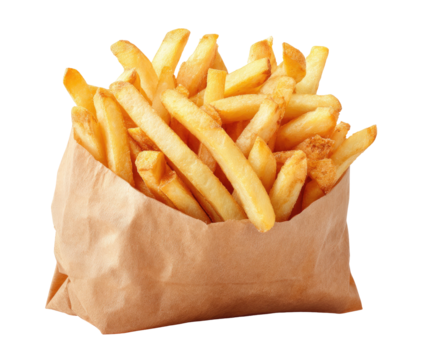 Golden brown potato fries spilling from a simple brown paper bag