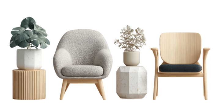 Two modern chairs and two decorative potted plants