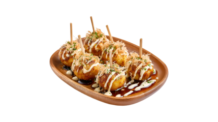 Delicious Japanese takoyaki octopus balls served on a wooden dish garnished with sauce mayonnaise and bonito flakes
