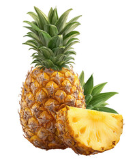 Juicy, ripe pineapple with a slice showing its sweet, golden flesh