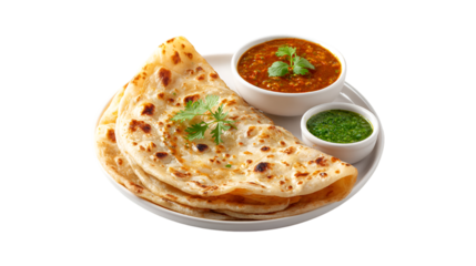 A delicious plate of traditional flatbread served with a savory curry and vibrant green dipping sauce