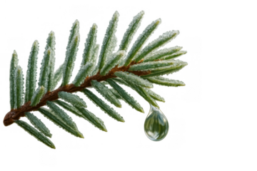 Fir branch with frosty needles and a falling water drop on transparent background, winter nature concept