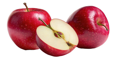 Three ripe red apples, one sliced in half, reveal fresh white interior