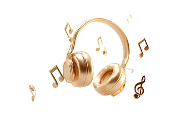 Gilded headphones float amongst golden musical notes on black