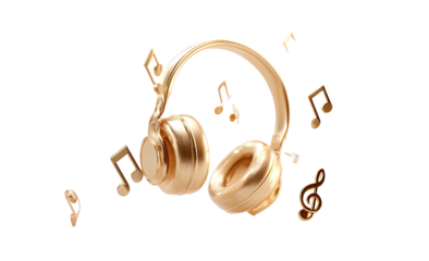 Gilded headphones float amongst golden musical notes on black