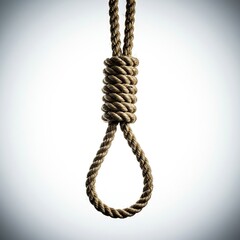 A tightly knotted rope noose, carefully crafted and displayed against a pristine, bright white background. Studio shot ,conclusion ,danger ,tool