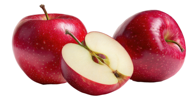 Three ripe red apples, one sliced in half, reveal fresh white interior
