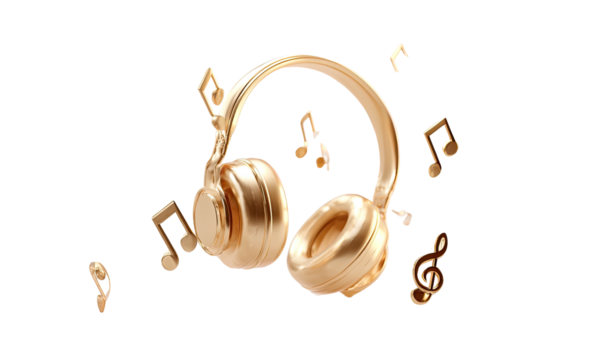 Gilded headphones float amongst golden musical notes on black
