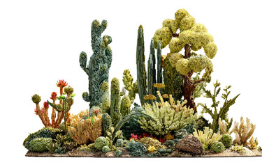 Miniature desert diorama with various cacti and arid plants