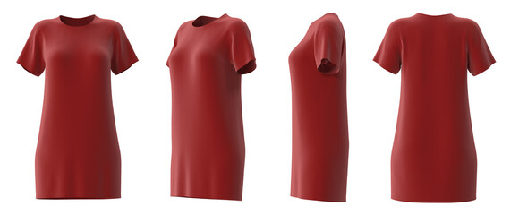 Red t-shirt dress isolated on white background, various views