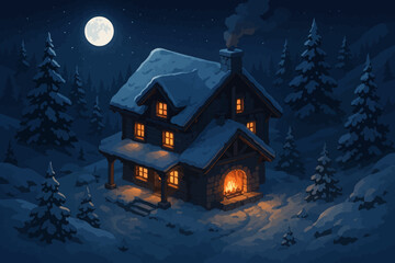 Fototapeta premium Cozy cabin in snowy forest under full moon night