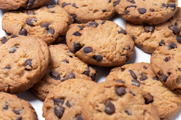 Chocolate chip cookies for breakfast isolated on white background.