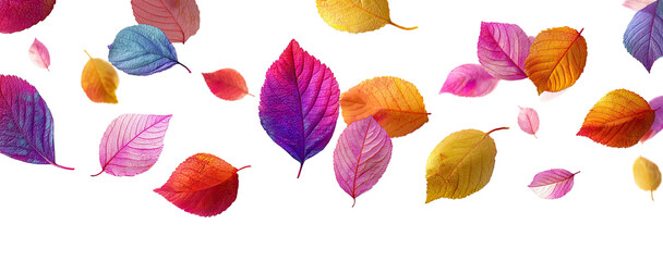 Colorful leaves of various shapes and sizes float against a dark background
