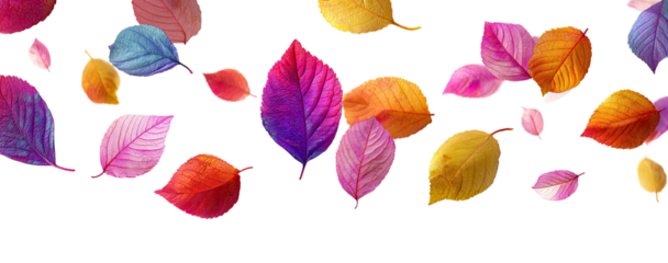 Colorful leaves of various shapes and sizes float against a dark background