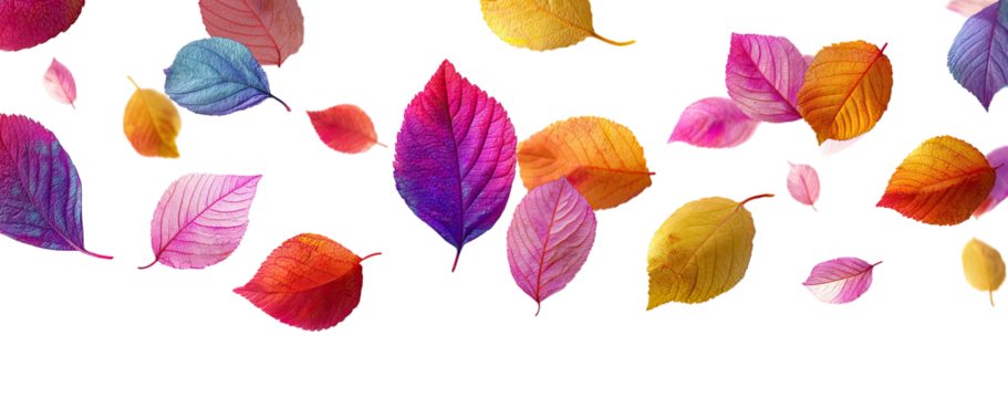 Colorful leaves of various shapes and sizes float against a dark background
