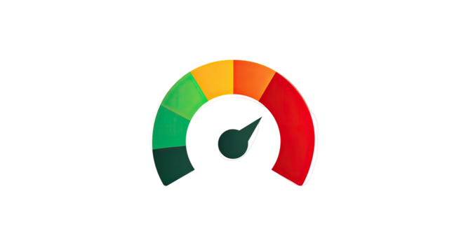 A semi-circular gauge displays a spectrum from green to red