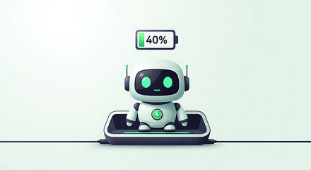 Cute AI Robot Charging Wirelessly on Dock - Battery Level forty percent