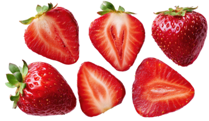 Ripe red strawberries, whole and halved, against black