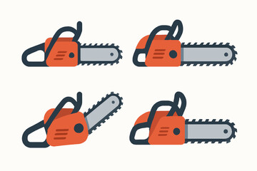 Fototapeta premium Four stylized chainsaws with red and black design on white background