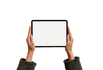 Two hands hold a blank tablet computer horizontally against a black background