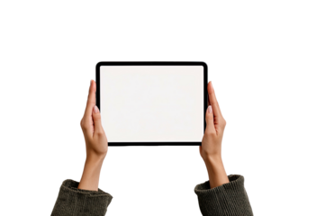 Two hands hold a blank tablet computer horizontally against a black background