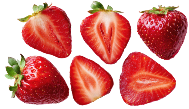 Ripe red strawberries, whole and halved, against black