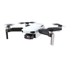 White drone with camera, propellers extended, black arms