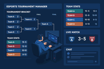 Esports tournament manager interface with bracket and team stats display
