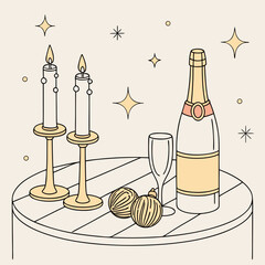 Elegant celebration scene with champagne bottle flute lit candles and festive ornaments on a table